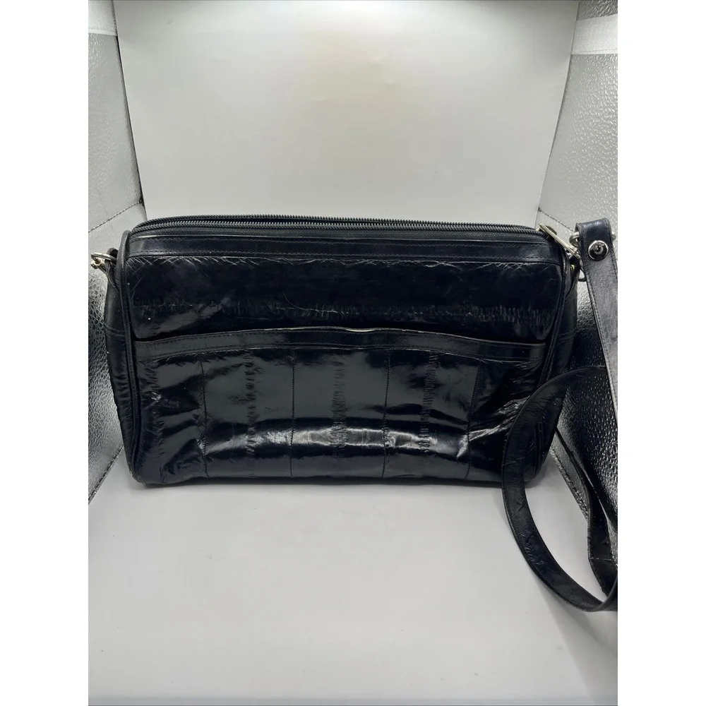 SLNCO Genuine Eel‎ Skin Shoulder Bag Black Zipper Pockets Made in Korea